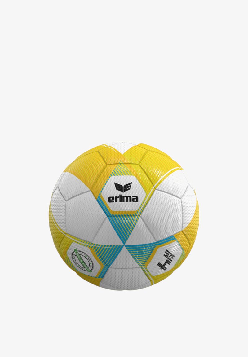 Ballon de football blanc et jaune avec des accents bleus, portant le nom de la marque "erima" et la taille 4 indiquée sur des panneaux texturés.