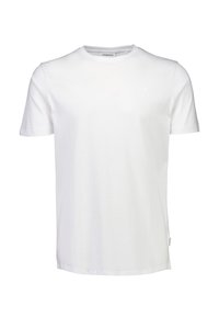 Biała bawełniana koszulka z okrągłym dekoltem i krótkimi rękawami; posiada subtelną logo na piersi; gładka tekstura.