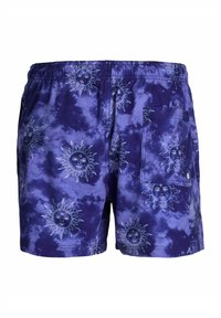 Lila batik bermuda, napraforgó mintákkal, rugalmas derékkal és oldalsó zsebből áll, melynek varrási részletei vannak. Könnyű anyagból készült.