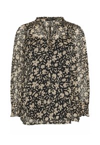 Blusa nera trasparente con un motivo floreale crema su tutta la superficie, presenta un collo arricciato, una pattina con bottoni e polsini elasticizzati per una vestibilità rilassata.