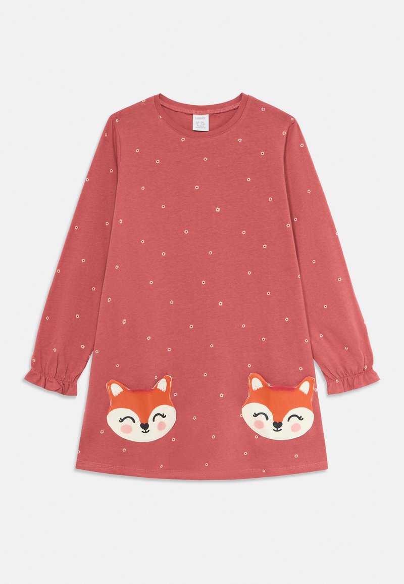 Robe pour enfants à manches longues, couleur rose poussiéreux, avec de petits motifs de fleurs blanches et deux visages de renard souriants près de l'ourlet.