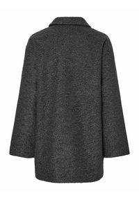 Manteau en laine gris foncé à manches longues et col court, vu de dos sur fond blanc.