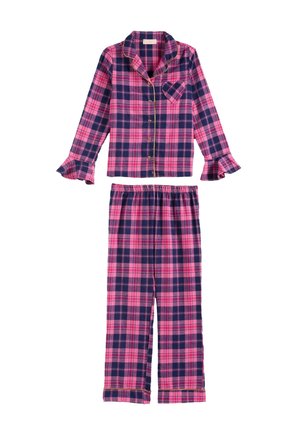 Roosa ja tumesinine ruuduline pika varrukaga nööbitav pidžaamatop, millel on lisa taskurätikutasku ja volangidega mansetid, koos sobivate elastse vöökohaga pükstega.