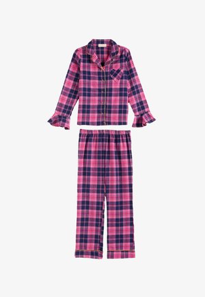 Rožinės ir tamsiai mėlynos spalvos languoti ilgomis rankovėmis pasiūti marškiniai su sagomis, prie jų derančios kelnės su elastiniu liemeniu, puoštos krūtinės kišene ir raukiniais ant rankogalių.