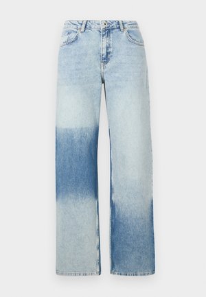 Light blue denim jeans with a wide-leg design, featuring a gradient color fade from light to dark blue, five pockets, and button closure.