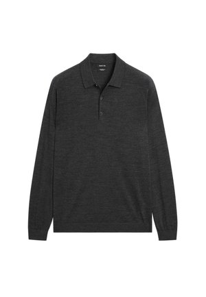 Long-sleeve charcoal polo shirt made of soft knit fabric, featuring a collared neckline and three-button placket. Simple design, no patterns.