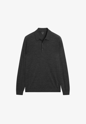 Langärmliges Poloshirt in Anthrazit, hergestellt aus weichem Strickstoff, mit einem Kragen und einer Knopfleiste mit drei Knöpfen. Einfaches Design, keine Muster.