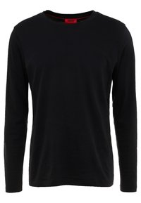 Schwarzes Langarm-T-Shirt aus Baumwolle, mit Rundhalsausschnitt, dezentem Hugo-Branding in Schwarz auf der Brust und einer glatten Textur.