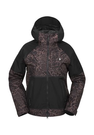 Jakke med leopardmønster, der har en sort hætte og ærmer, lynlåslommer og et tætsiddende design for varme og bevægelighed.