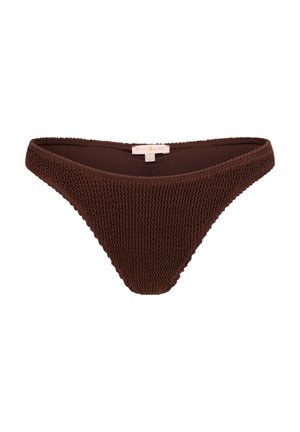Bikini bottom marrone con texture e design in tessuto smock. Presenta un taglio a vita bassa e una morbida fodera interna. Etichetta visibile sul retro.