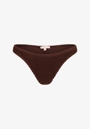 Brown textured bikini bottom with a smocked fabric design. Features a low-rise cut and a smooth inner lining. Label visible at the back.