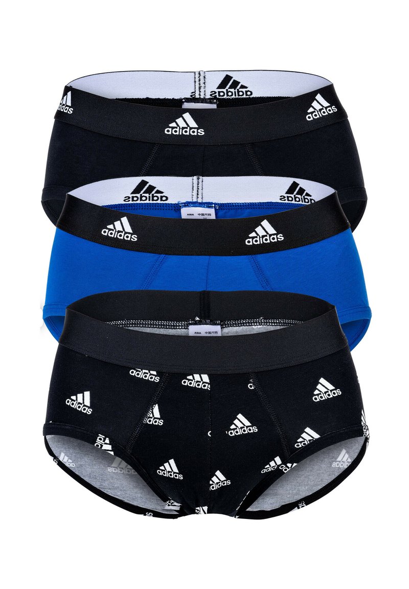 Tre par herrunderkläder, svarta och blå, med elastiska midjeband dekorerade med återkommande Adidas-logotyp. Bommullstyg med en mjuk finish.