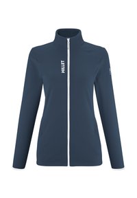 Veste zippée bleu marine en tissu texturé. Présente une fermeture éclair blanche et un logo sur la poitrine, avec des manches ajustées et des poignets contrastés.