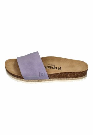 Purple suede slide sandal with a cork footbed, natural tan insole, and textured white rubber outsole. Simple design with no embellishments.