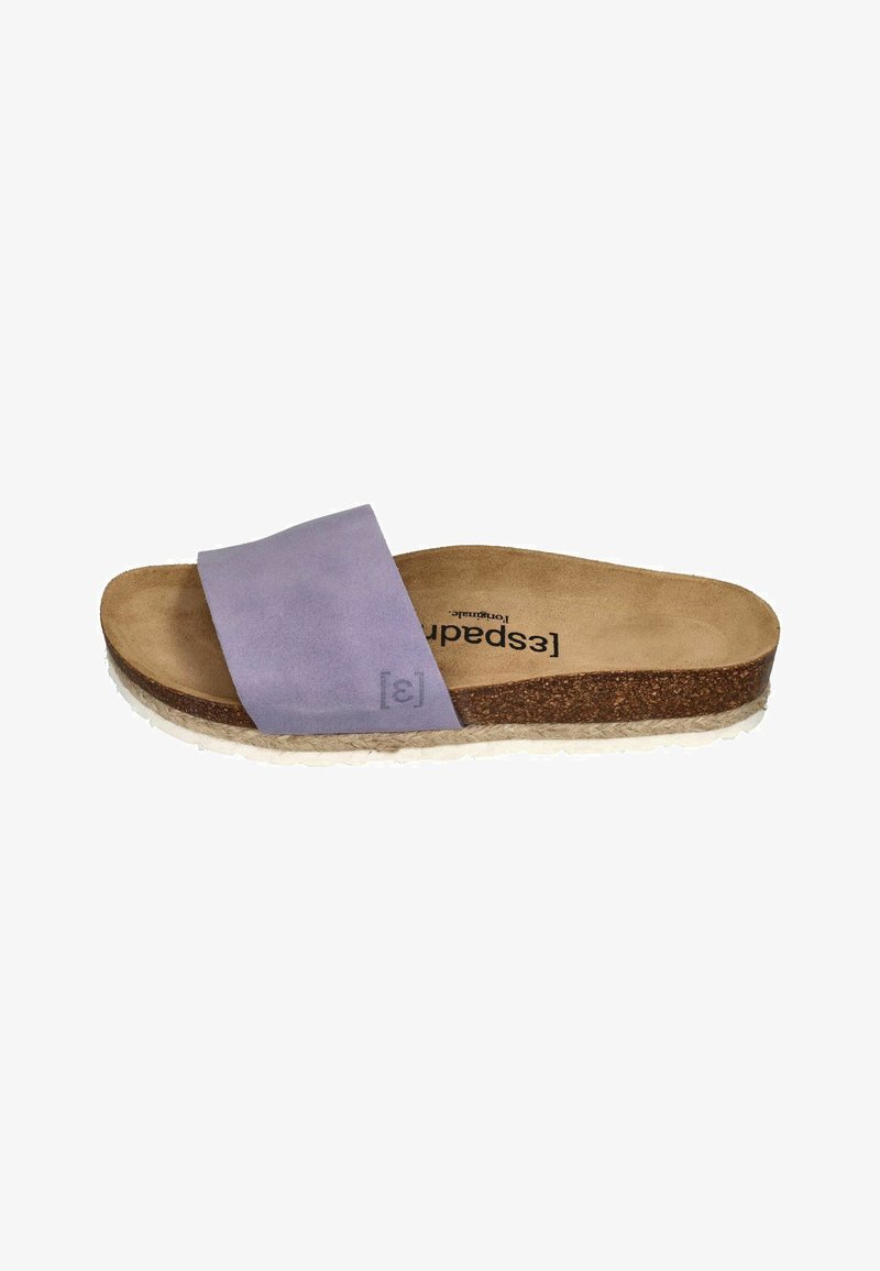 Purple suede slide sandal with a cork footbed, natural tan insole, and textured white rubber outsole. Simple design with no embellishments.