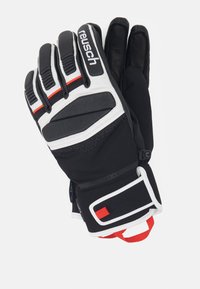 Black winter gloves with white and red accents, made of synthetic materials. Features padded fingers and adjustable wrist straps for secure fit.