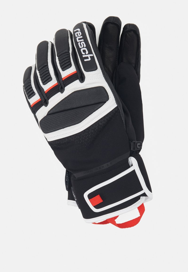 Black winter gloves with white and red accents, made of synthetic materials. Features padded fingers and adjustable wrist straps for secure fit.