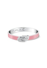 Roosa emailiga bangle panna, hõbedast metallaktsentidega. Omab lukukujundust, mis on kaunistatud väikeste selgete kristallidega. Graveeritud "FURLA."