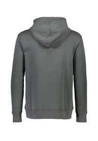 Felpa grigia scura con tasca a canguro, maniche lunghe e un ampio cappuccio. Presenta una superficie liscia e morbida e polsini a coste.