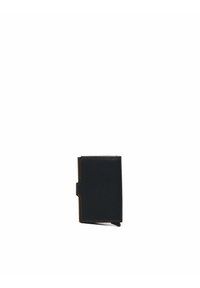 Black leather wallet with a slim design, featuring contrast stitching, a side opening, and a textured finish. Compact and rectangular shape.