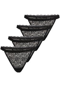 Schwarze Spitzenstrings mit floralem Muster, mit gewellten Kanten und elastischem Bund. Set aus vier, das ein aufwändiges Design und Textur präsentiert.
