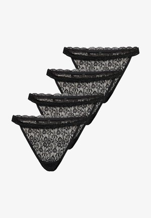 Schwarze Spitzenstrings mit floralem Muster, mit gewellten Kanten und elastischem Bund. Set aus vier, das ein aufwändiges Design und Textur präsentiert.