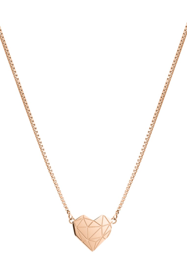 Roze gouden geometrische hart hanger ketting op een slanke ketting met een textuurafwerking en driehoekige facetten.