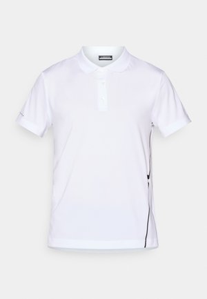 White polo shirt made of smooth fabric featuring a three-button placket, short sleeves, and a side black accent line.