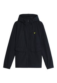 Veste noire à capuche avec fermeture éclair à l'avant, capuche à cordon, deux poches à rabat, poignets élastiques et petit logo d'oiseau jaune sur la poitrine gauche.