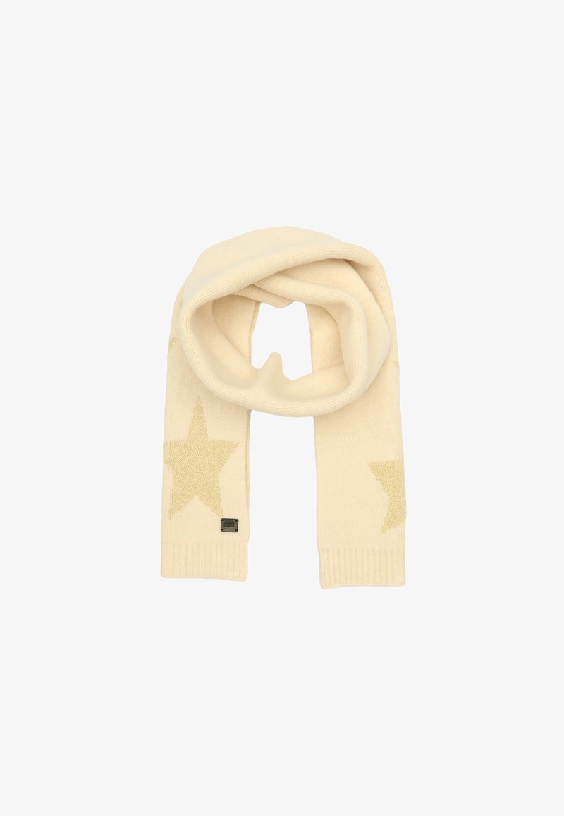 Écharpe en tissu doux, ornée de motifs d'étoiles dorées à chaque extrémité, avec un ourlet côtelé texturé et une petite étiquette logo.