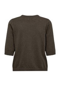 Pull en tricot marron foncé à manches courtes avec col rond et poignets et ourlet côtelés, vu de dos.