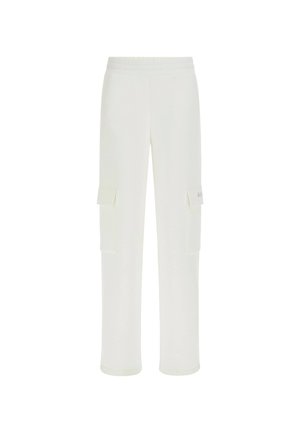 Pantaloni cargo bianchi realizzati in tessuto liscio, con due tasche frontali a patta e una cintura elastica per il massimo comfort. Design a gamba dritta.