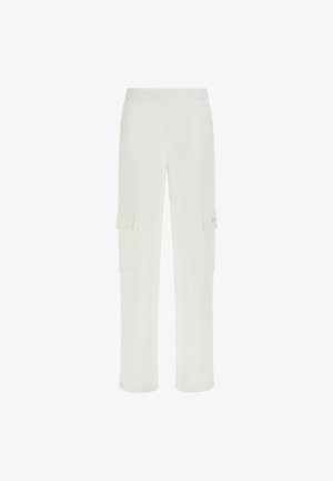 Pantalons cargo blancs en tissu lisse, dotés de deux poches à rabat à l'avant et d'une taille élastique pour plus de confort. Conception à jambes droites.