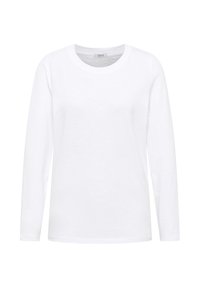 Camiseta de manga larga blanca hecha de algodón suave, con un cuello redondo clásico y un ajuste relajado. Sin patrones ni acentos.
