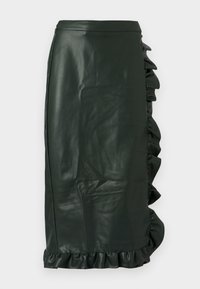 Dark green leather pencil skirt with ruffled side detail, smooth texture, above-the-knee length, and a fitted silhouette.