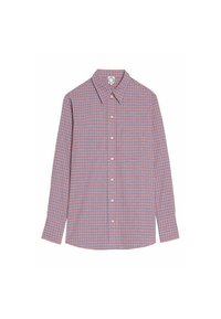 Chemise à boutons avec un motif à carreaux rouge et bleu, manches longues et col classique. Fabriquée en tissu tissé au toucher lisse.