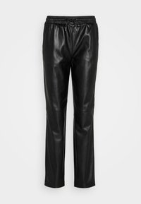 Zwarte leren broek met een glanzende afwerking, met een elastische tailleband met een trekkoord en een rechte pijpenontwerp.