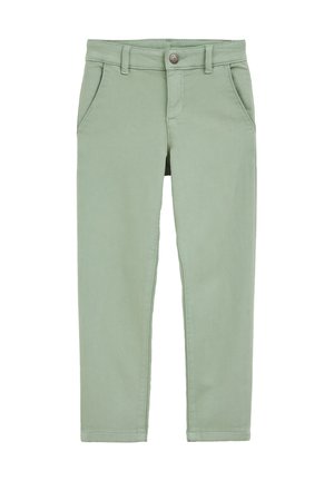 Grüne Baumwollhose mit geradem Bein, Eingrifftaschen und Metallknopfverschluss. Glatte Textur und sauberes Nähdetail.
