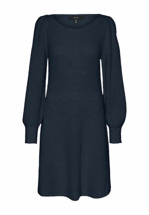 Tumši jūras zils adīts kleita ar plašu kakla izgriezumu, garām pūkainām piedurknēm un brīvu piegriezumu, ar ribotu tekstūru un vienkāršu siluetu.