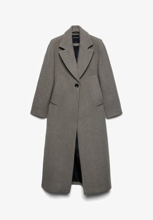 Langer, taubene Farbton Wollmantel mit breiten Revers, einem einzelnen schwarzen Knopfverschluss, Seitentaschen und schwarzem Innenfutter.
