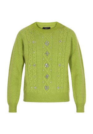 Zeleni pleteni pulover s okruglim izrezom, ukrašen pletenim uzorcima i metalnim cvjetnim detaljima sprijeda.