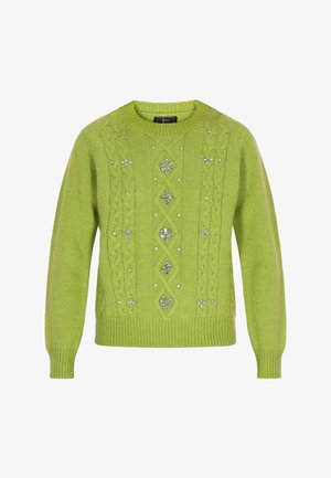 Roheline kootud jakk ümmarguse kaelusega, millel on kootud mustrid ja mille esipind on kaunistatud metalliliste lilleaktsentidega.