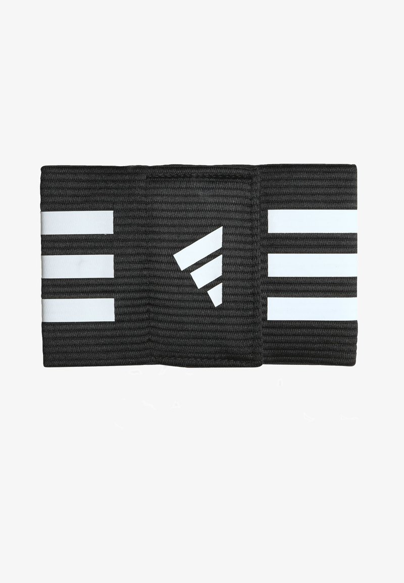 Black elastic band with three white stripes and a triangular logo. Textured surface, rectangular shape, suitable for athletic use.