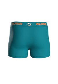 Calzoncillos boxer en color verde azulado con un diseño ajustado, decorados con una cinturilla y logotipo en color naranja que dice "DOLPHINS", hechos de un material suave y elástico.