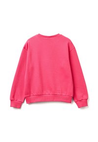 Sudadera rosa de manga larga y cuello redondeado. Fabricada en una mezcla de algodón, cuenta con puños y dobladillo acanalados, con una textura suave.