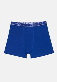 Blaue Baumwollboxershorts mit einem elastischen Bund, der das wiederholte Branding "PIER ONE" trägt. Nahtdetails vorne und hinten.