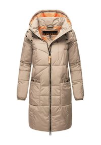 Beige gewatteerde jas met een capuchon, voorzien van een ritssluiting aan de voorkant, twee zijzakken, een gestepeld ontwerp en contrasterende oranje voering.