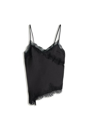 Schwarzes Seiden-Camisole mit zarter schwarzer Spitze entlang des Ausschnitts und asymmetrischem Saum; verfügt über dünne verstellbare Träger.