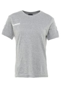 Camiseta de algodón gris con cuello redondo, mangas cortas y logo blanco en el frente y rayas en los hombros. Textura suave, corte informal.