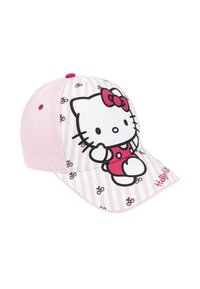Casquette rose avec un motif Hello Kitty, un motif rayé et un logo brodé. Tissu doux avec une visière incurvée et un dos réglable.